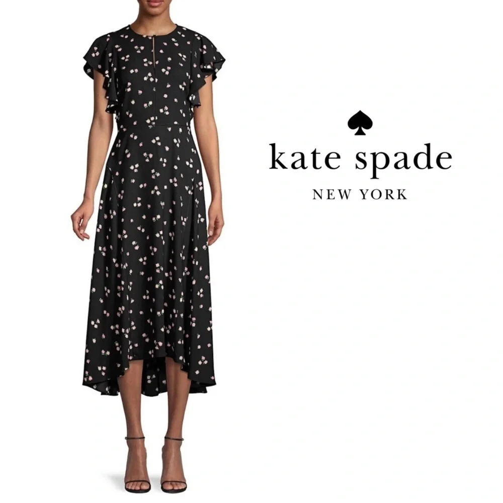 Kate Spade Ditsy Begonia flutter sleeve black floral dress sz 6